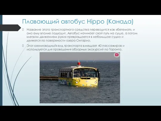 Плавающий автобус Hippo (Канада) Название этого транспортного средства переводится как «бегемот»,