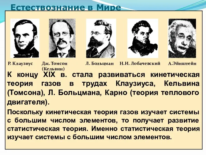 Естествознание в Мире Р. Клаузиус Дж. Томсон (Кельвин) Л. Больцман Н.И. Лобачевский А.Эйнштейн