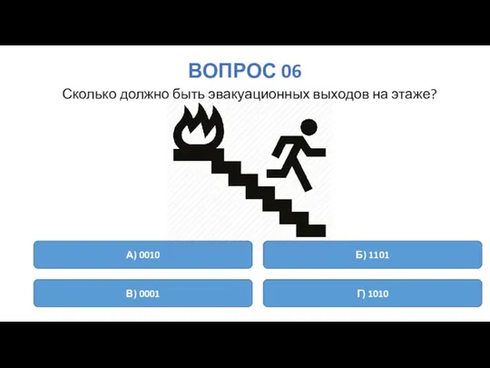 ВОПРОС 06 Сколько должно быть эвакуационных выходов на этаже? А) 0010