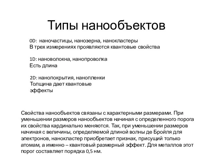 Типы нанообъектов 0D: наночастицы, нанозерна, нанокластеры В трех измерениях проявляются квантовые