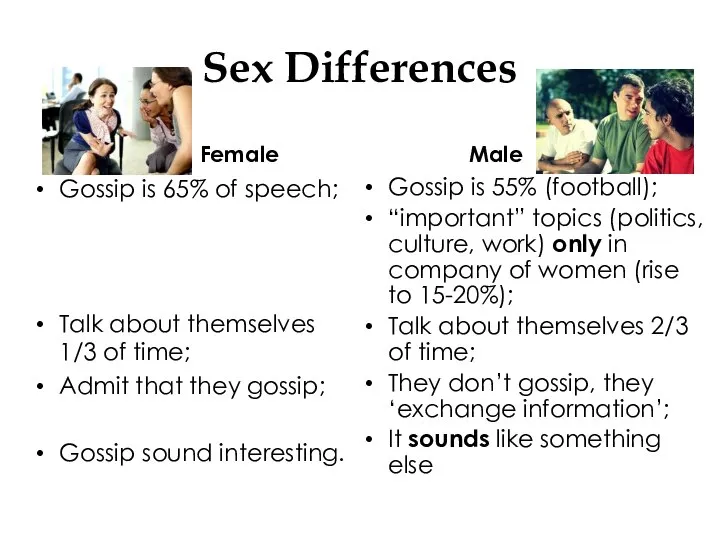 Sex Differences Male Gossip is 65% of speech; Talk about themselves