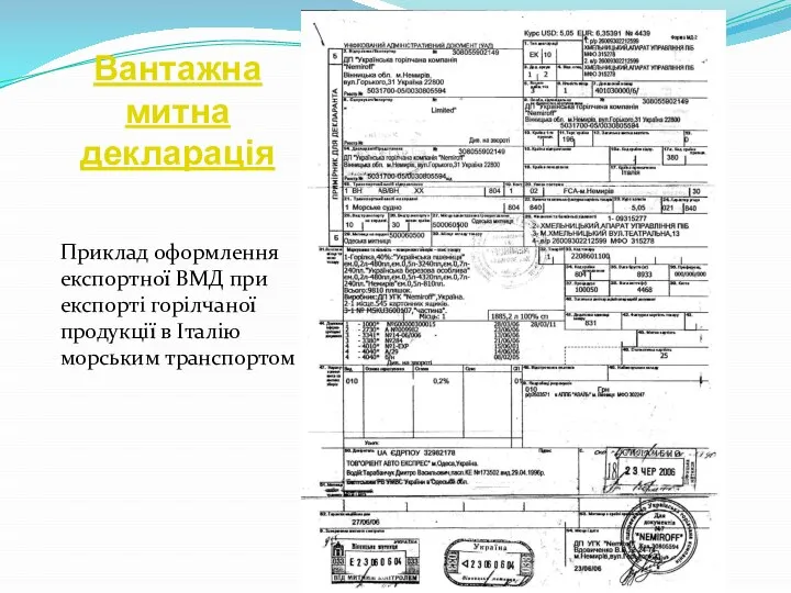 Вантажна митна декларація Приклад оформлення експортної ВМД при експорті горілчаної продукції в Італію морським транспортом