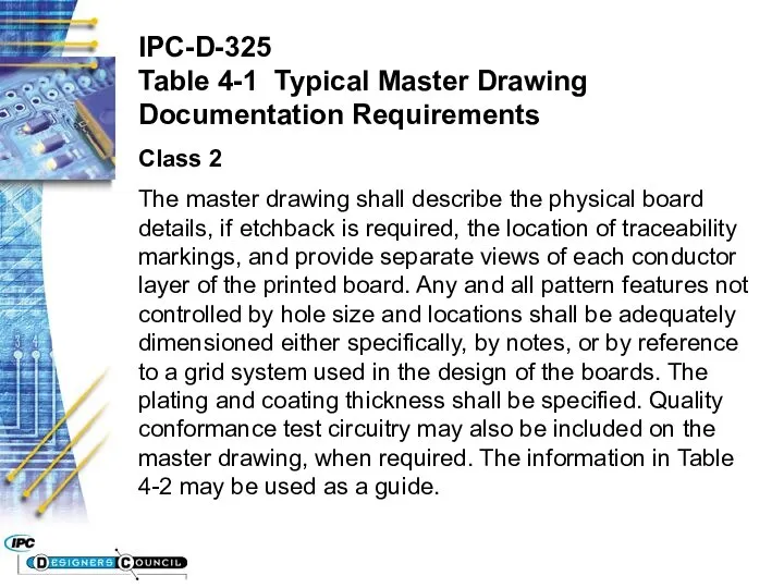 IPC-D-325 Table 4-1 Typical Master Drawing Documentation Requirements Class 2 The