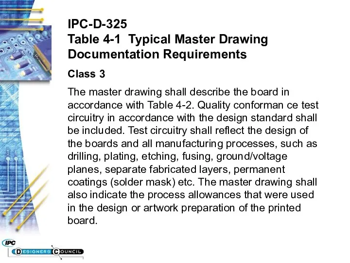 IPC-D-325 Table 4-1 Typical Master Drawing Documentation Requirements Class 3 The