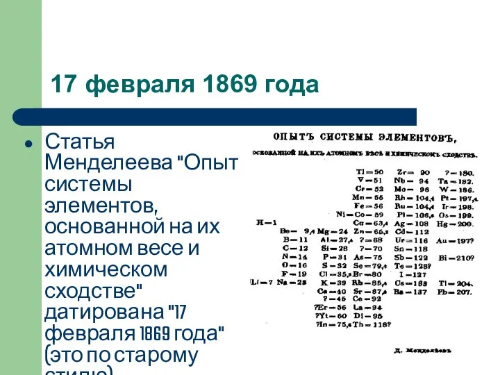 17 февраля 1869 года Статья Менделеева "Опыт системы элементов, основанной на