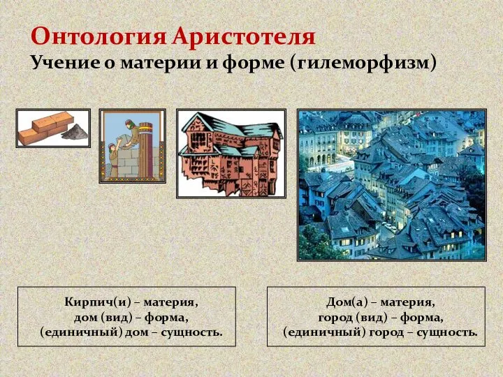 Онтология Аристотеля Учение о материи и форме (гилеморфизм) Кирпич(и) – материя,