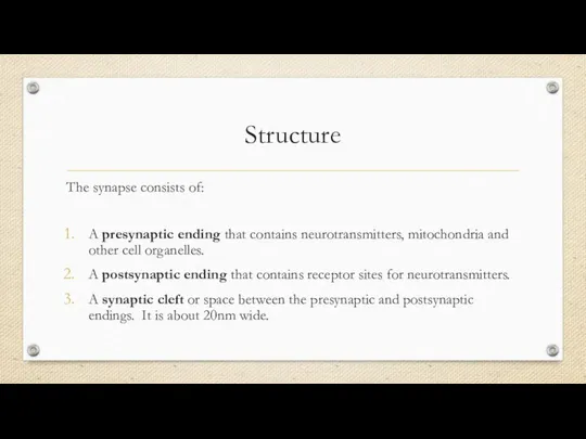 Structure The synapse consists of: A presynaptic ending that contains neurotransmitters,