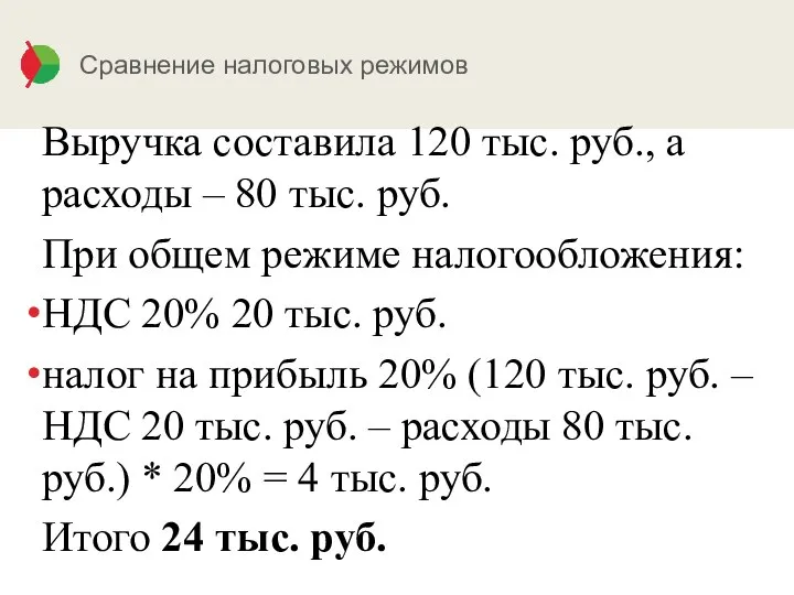Сравнение налоговых режимов Выручка составила 120 тыс. руб., а расходы –