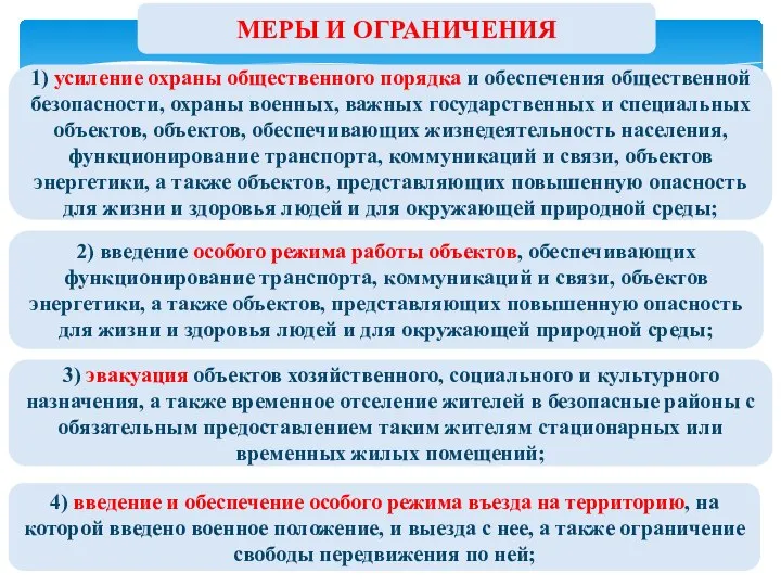 МЕРЫ И ОГРАНИЧЕНИЯ 1) усиление охраны общественного порядка и обеспечения общественной