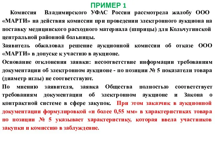 ПРИМЕР 1 Комиссия Владимирского УФАС России рассмотрела жалобу ООО «МАРТИ» на