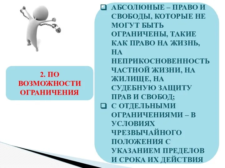 2. ПО ВОЗМОЖНОСТИ ОГРАНИЧЕНИЯ АБСОЛЮНЫЕ – ПРАВО И СВОБОДЫ, КОТОРЫЕ НЕ