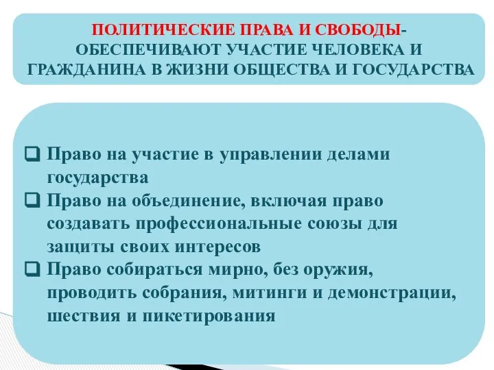 ПОЛИТИЧЕСКИЕ ПРАВА И СВОБОДЫ- ОБЕСПЕЧИВАЮТ УЧАСТИЕ ЧЕЛОВЕКА И ГРАЖДАНИНА В ЖИЗНИ