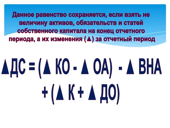 Данное равенство сохраняется, если взять не величину активов, обязательств и статей