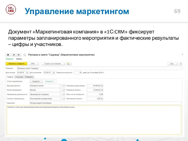 Документ «Маркетинговая компания» в «1С:CRM» фиксирует параметры запланированного мероприятия и фактические