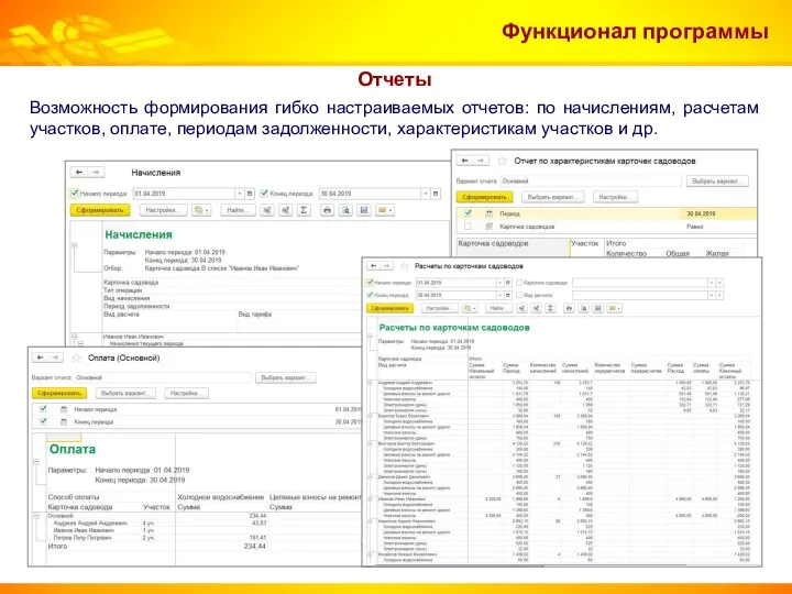 Функционал программы Отчеты Возможность формирования гибко настраиваемых отчетов: по начислениям, расчетам