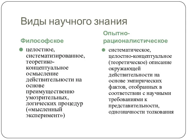 Виды научного знания Философское Опытно-рационалистическое целостное, систематизированное, теоретико-концептуальное осмысление действительности на