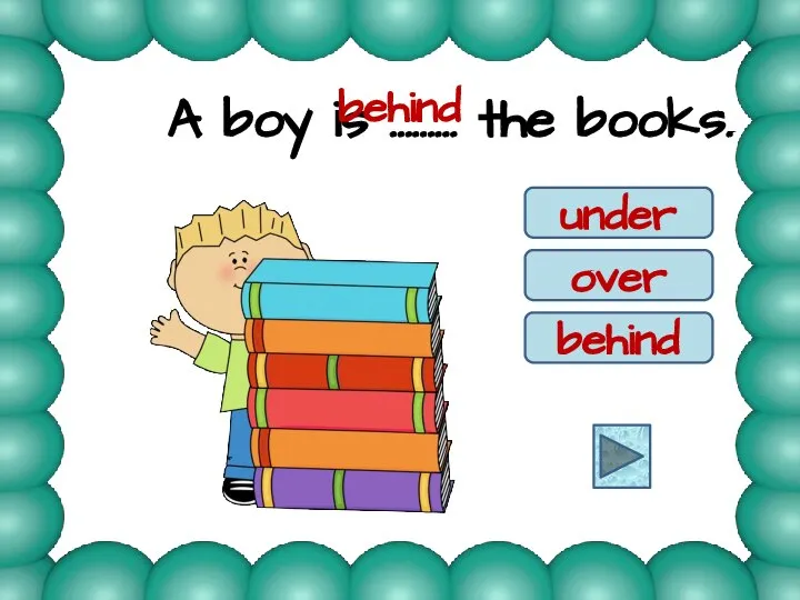 A boy is ……… the books. under over behind behind