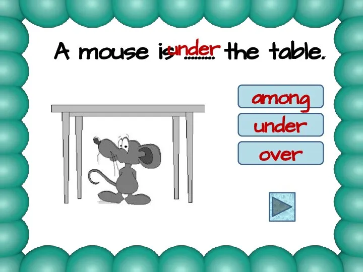 A mouse is ……… the table. among under over under