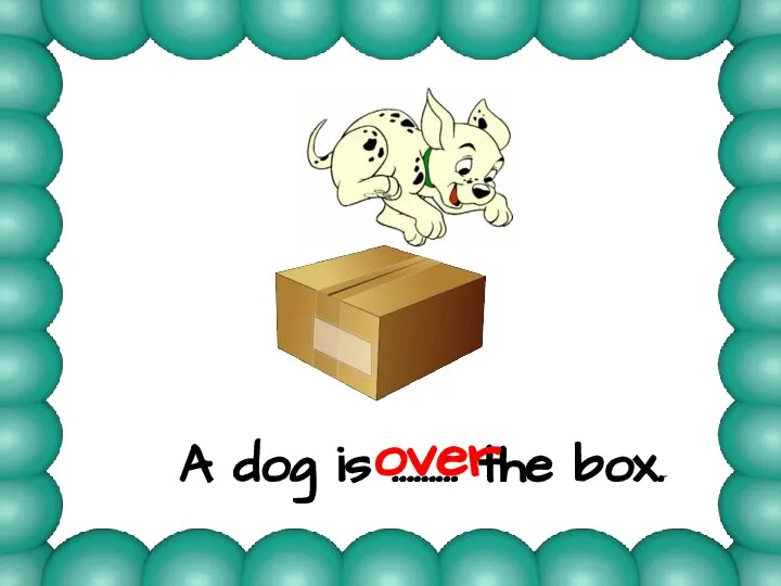 A dog is ……… the box. over