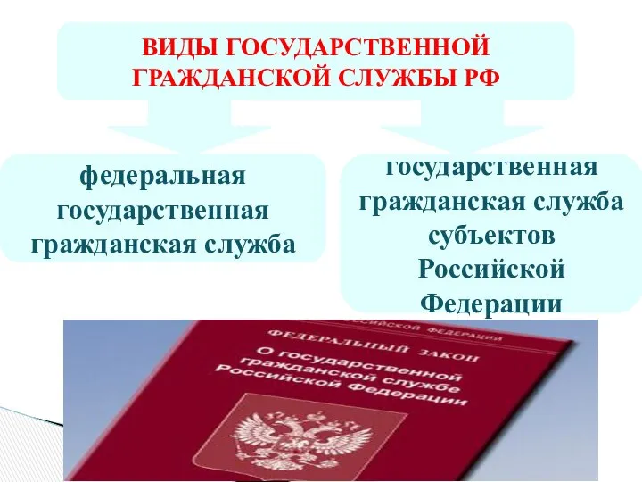 ВИДЫ ГОСУДАРСТВЕННОЙ ГРАЖДАНСКОЙ СЛУЖБЫ РФ федеральная государственная гражданская служба государственная гражданская служба субъектов Российской Федерации