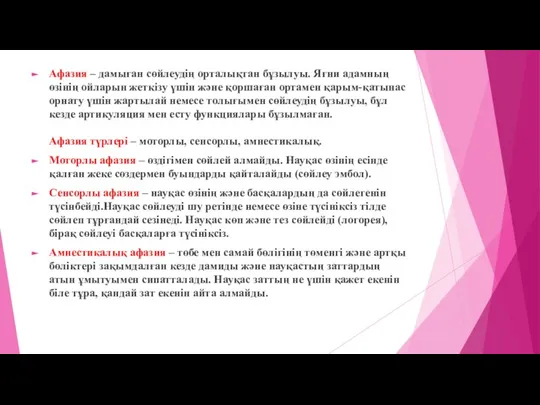 Афазия – дамыған сөйлеудің орталықтан бұзылуы. Яғни адамның өзінің ойларын жеткізу