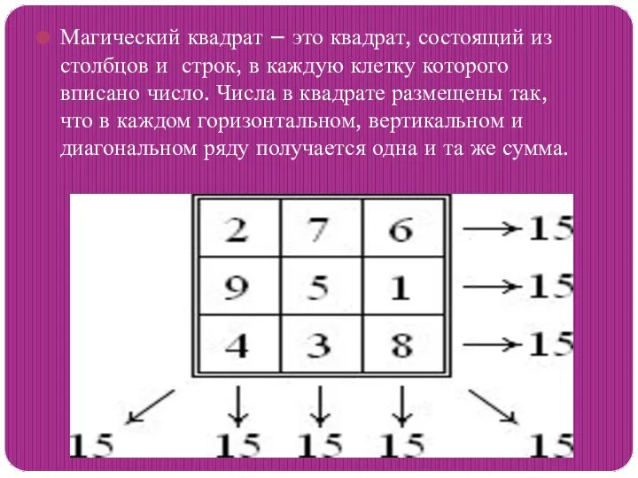 Магический квадрат – это квадрат, состоящий из столбцов и строк, в