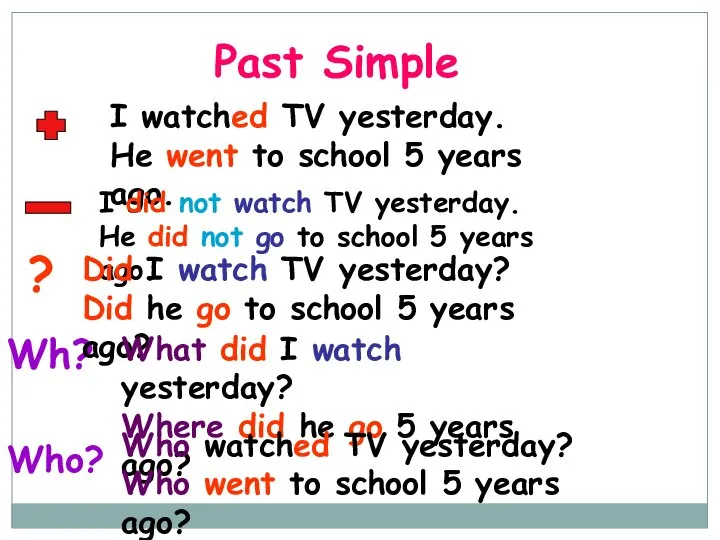 Past Simple ? Wh? Who? I watched TV yesterday. He went