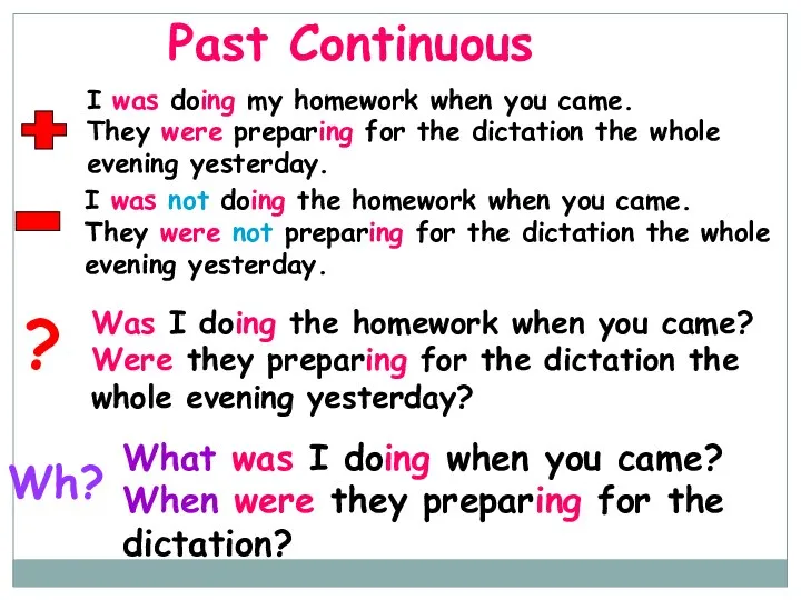 Past Continuous ? Wh? I was doing my homework when you