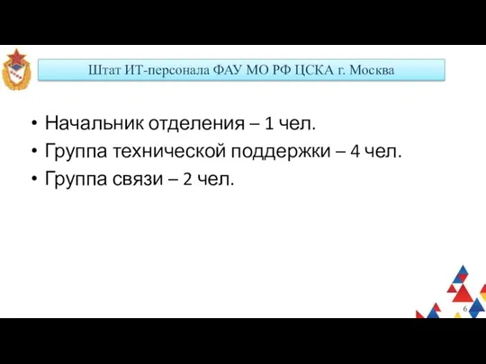 Штат ИТ-персонала ФАУ МО РФ ЦСКА г. Москва Начальник отделения –