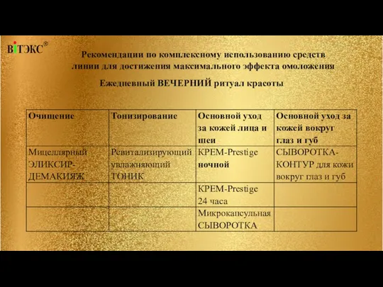 Ежедневный ВЕЧЕРНИЙ ритуал красоты Рекомендации по комплексному использованию средств линии для достижения максимального эффекта омоложения