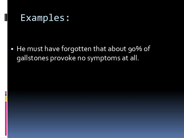 Examples: He must have forgotten that about 90% of gallstones provoke no symptoms at all.