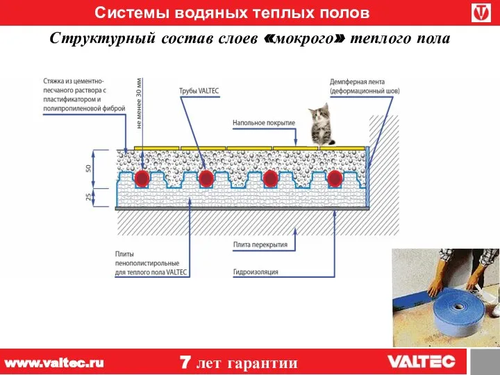 Системы водяных теплых полов Структурный состав слоев «мокрого» теплого пола 7 лет гарантии www.valtec.ru