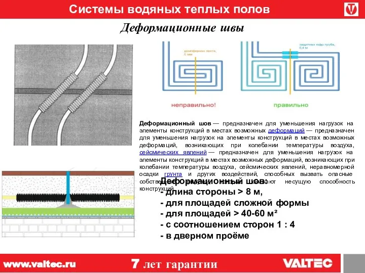 Системы водяных теплых полов 7 лет гарантии www.valtec.ru Деформационные швы Деформационный