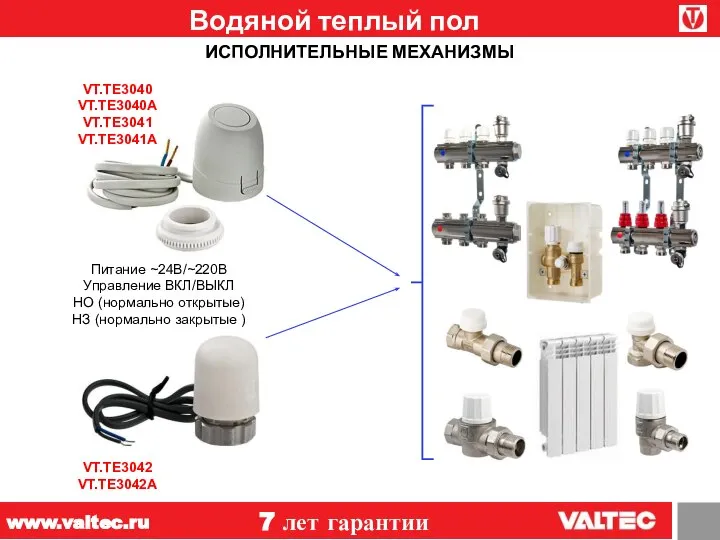 Водяной теплый пол 7 лет гарантии www.valtec.ru ИСПОЛНИТЕЛЬНЫЕ МЕХАНИЗМЫ Питание ~24В/~220В