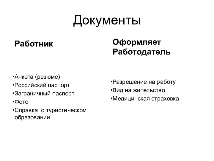 Документы Работник Анкета (резюме) Российский паспорт Заграничный паспорт Фото Справка о