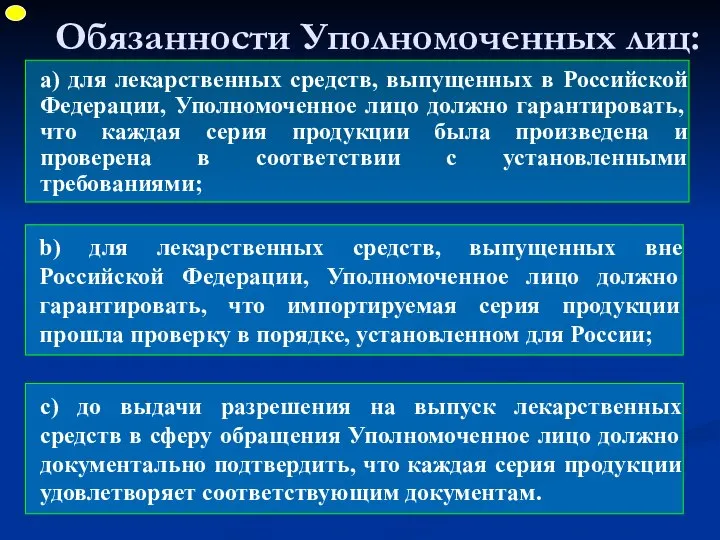 Обязанности Уполномоченных лиц: a) для лекарственных средств, выпущенных в Российской Федерации,