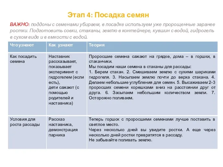 Этап 4: Посадка семян ВАЖНО: поддоны с семенами убираем, в посадке