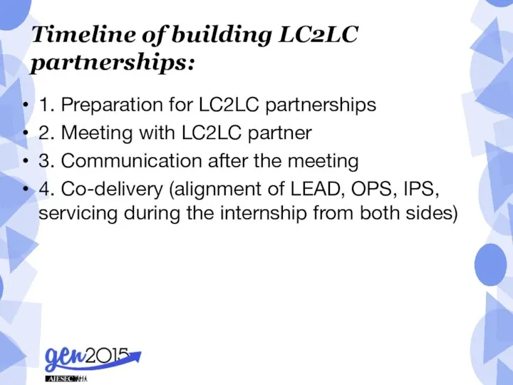 Timeline of building LC2LC partnerships: 1. Preparation for LC2LC partnerships 2.