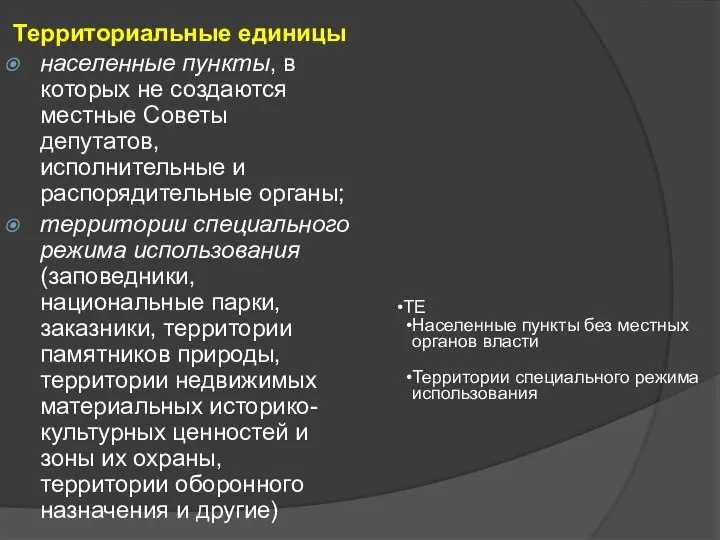 Территориальные единицы населенные пункты, в которых не создаются местные Советы депутатов,