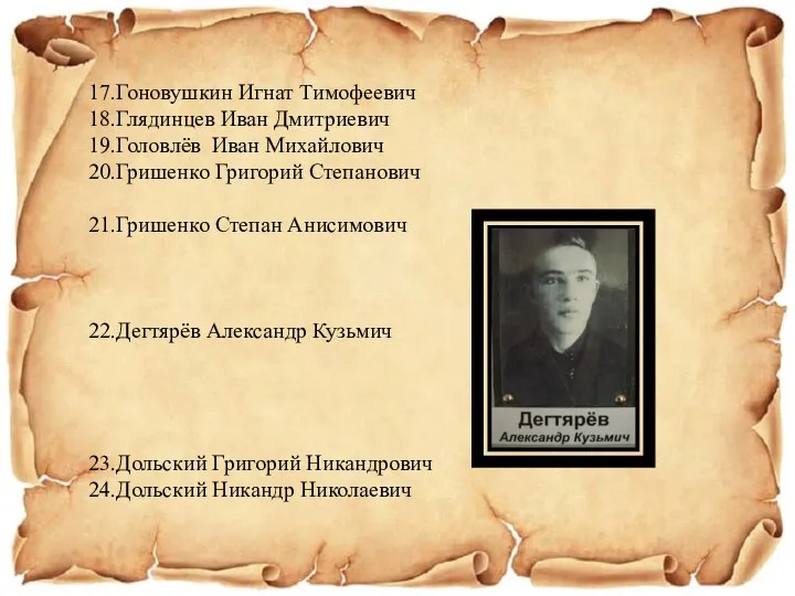 17.Гоновушкин Игнат Тимофеевич 18.Глядинцев Иван Дмитриевич 19.Головлёв Иван Михайлович 20.Гришенко Григорий