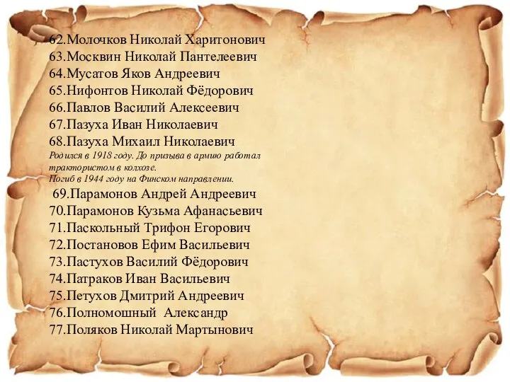 62.Молочков Николай Харитонович 63.Москвин Николай Пантелеевич 64.Мусатов Яков Андреевич 65.Нифонтов Николай