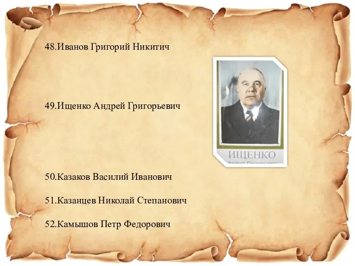 48.Иванов Григорий Никитич 49.Ищенко Андрей Григорьевич 50.Казаков Василий Иванович 51.Казанцев Николай Степанович 52.Камышов Петр Федорович