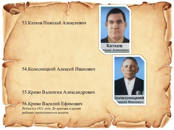 53.Катков Николай Алексеевич 54.Колесницкий Алексей Иванович 55.Криво Валентин Александрович 56.Криво Василий