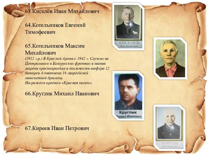 63.Киселёв Иван Михайлович 64.Котельников Евгений Тимофеевич 65.Котельников Максим Михайлович (1912 г.р.)