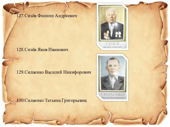 127.Сизёв Филипп Андреевич 128.Сизёв Яков Иванович 129.Силаенко Василий Никифорович 130.Силаенко Татьяна Григорьевна