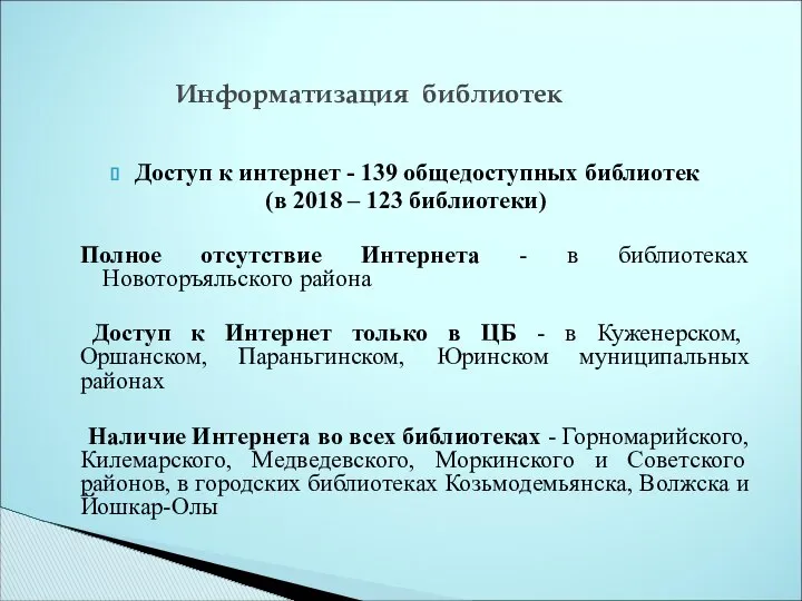 Доступ к интернет - 139 общедоступных библиотек (в 2018 – 123