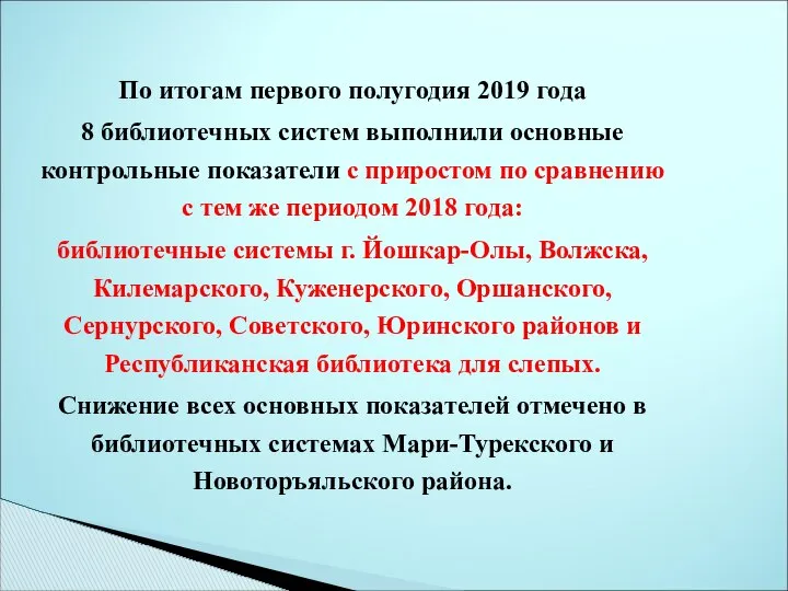 По итогам первого полугодия 2019 года 8 библиотечных систем выполнили основные