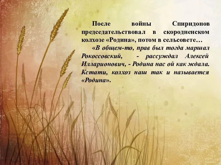 После войны Спиридонов председательствовал в скородненском колхозе «Родина», потом в сельсовете…