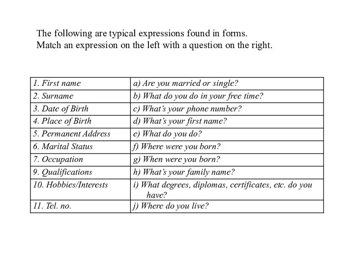 The following are typical expressions found in forms. Match an expression