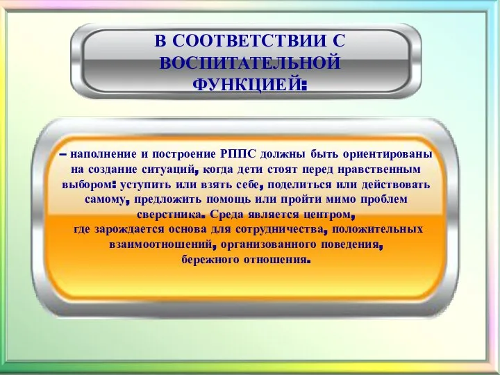 В СООТВЕТСТВИИ С ВОСПИТАТЕЛЬНОЙ ФУНКЦИЕЙ: – наполнение и построение РППС должны